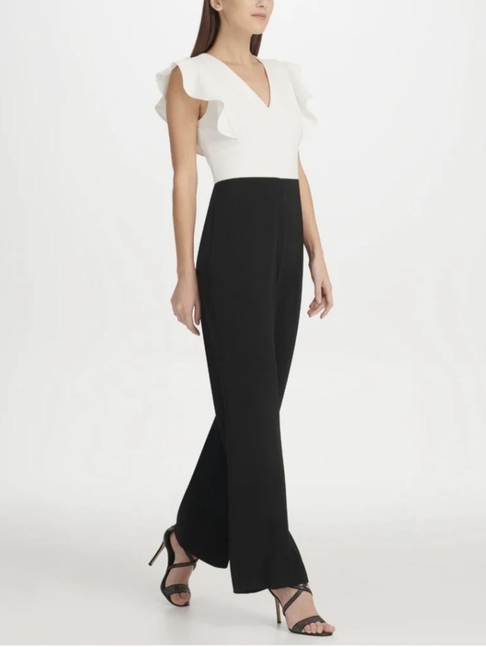 DKNY Two-Tone Ruffle Sleeve Jumpsuit in White & Black